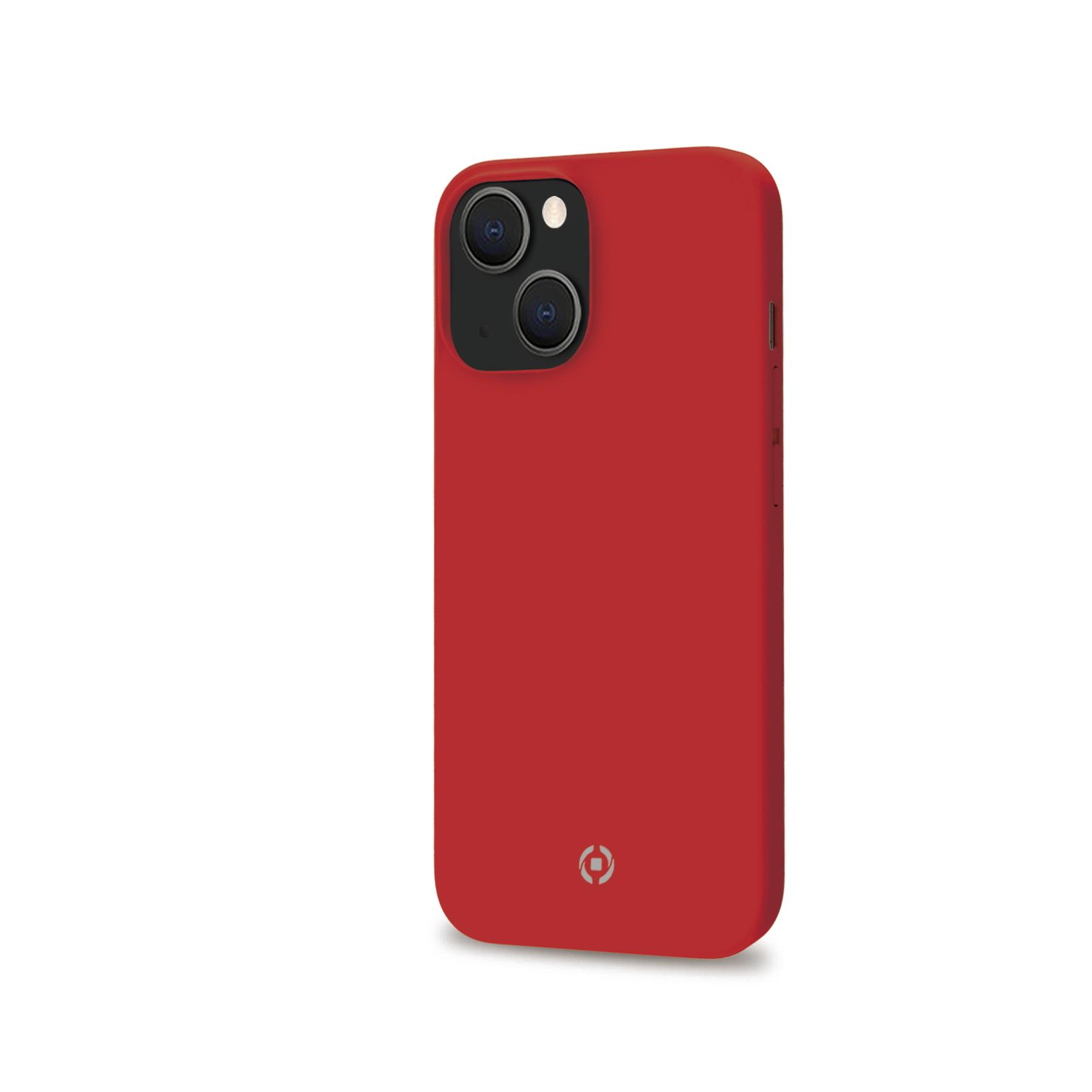Custodia rossa per telefono. Il retro della custodia è visibile, con ritaglio per fotocamera e logo.