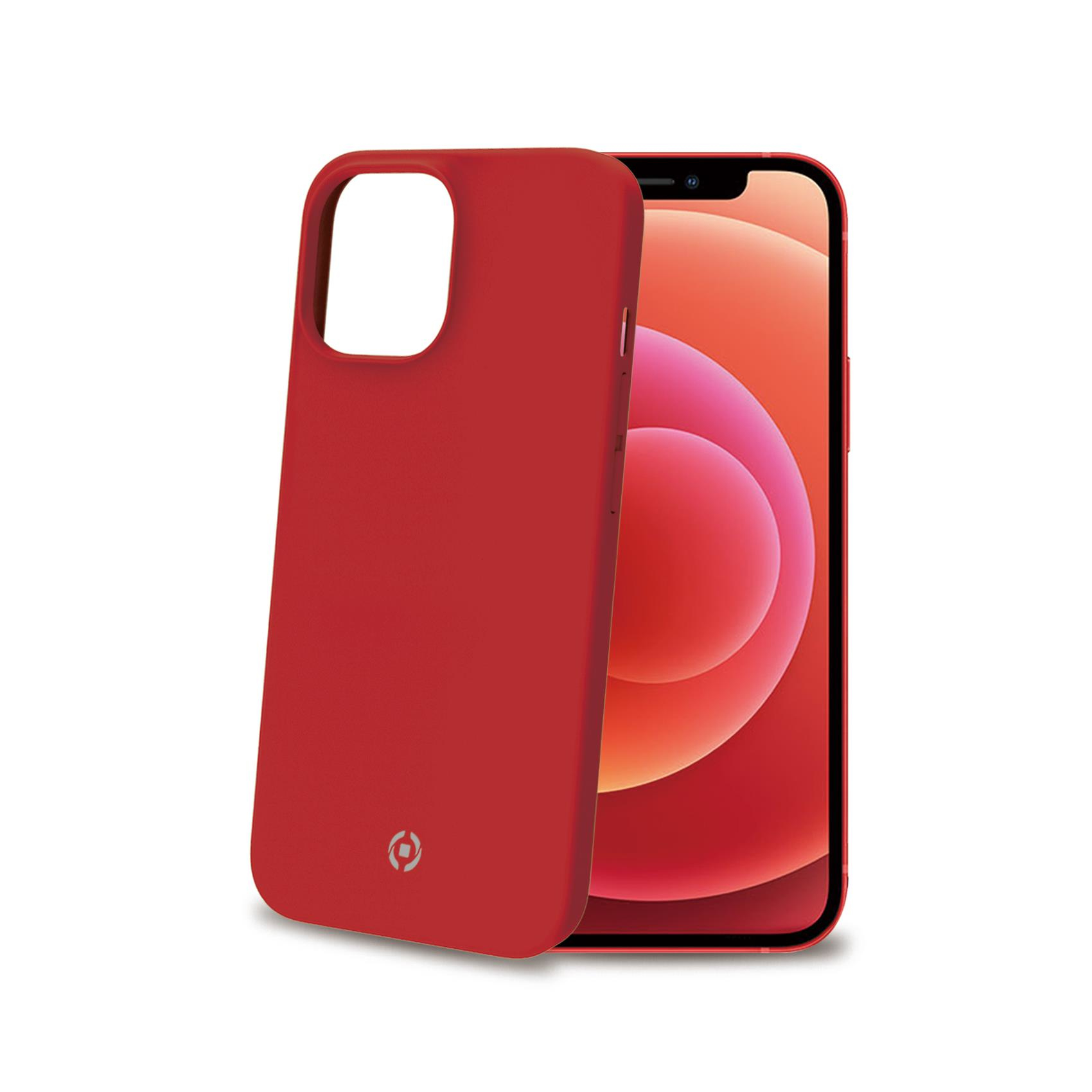 Custodia rossa per iPhone su un iPhone rosso, che mostra lo schermo del telefono. Sfondo bianco.
