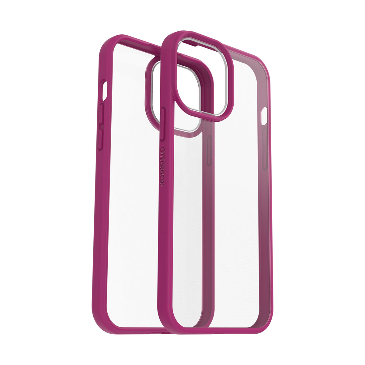 Due custodie trasparenti per iPhone con cornice magenta. Le custodie si sovrappongono. Sfondo bianco.