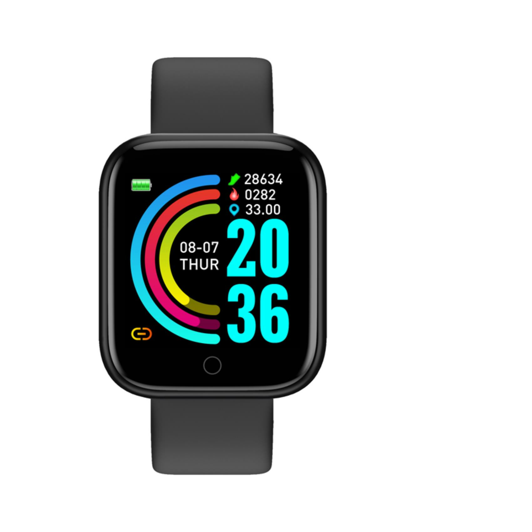 Czarny smartwatch z cyfrowym wyświetlaczem pokazującym czas, datę i dane zdrowotne.