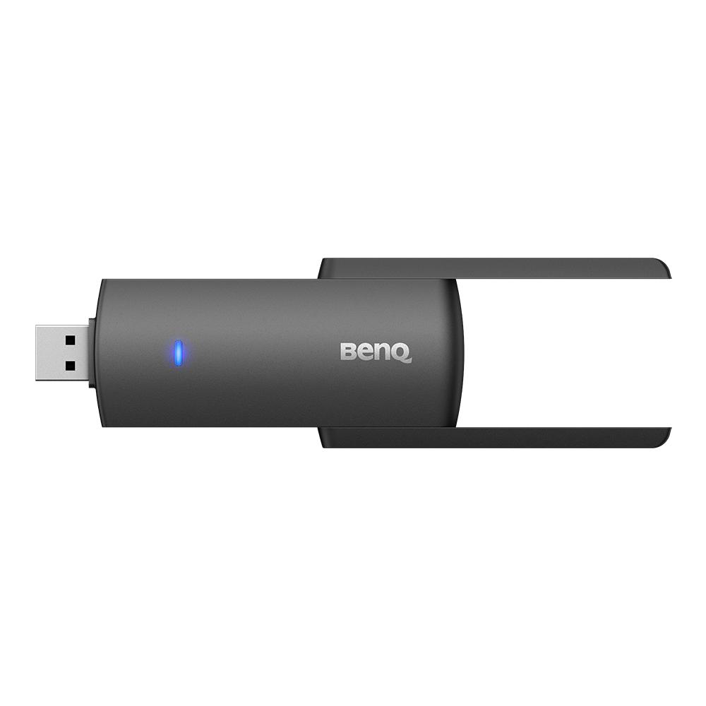 Adattatore wifi USB BenQ nero con due antenne. Il connettore USB è visibile. Sfondo bianco.