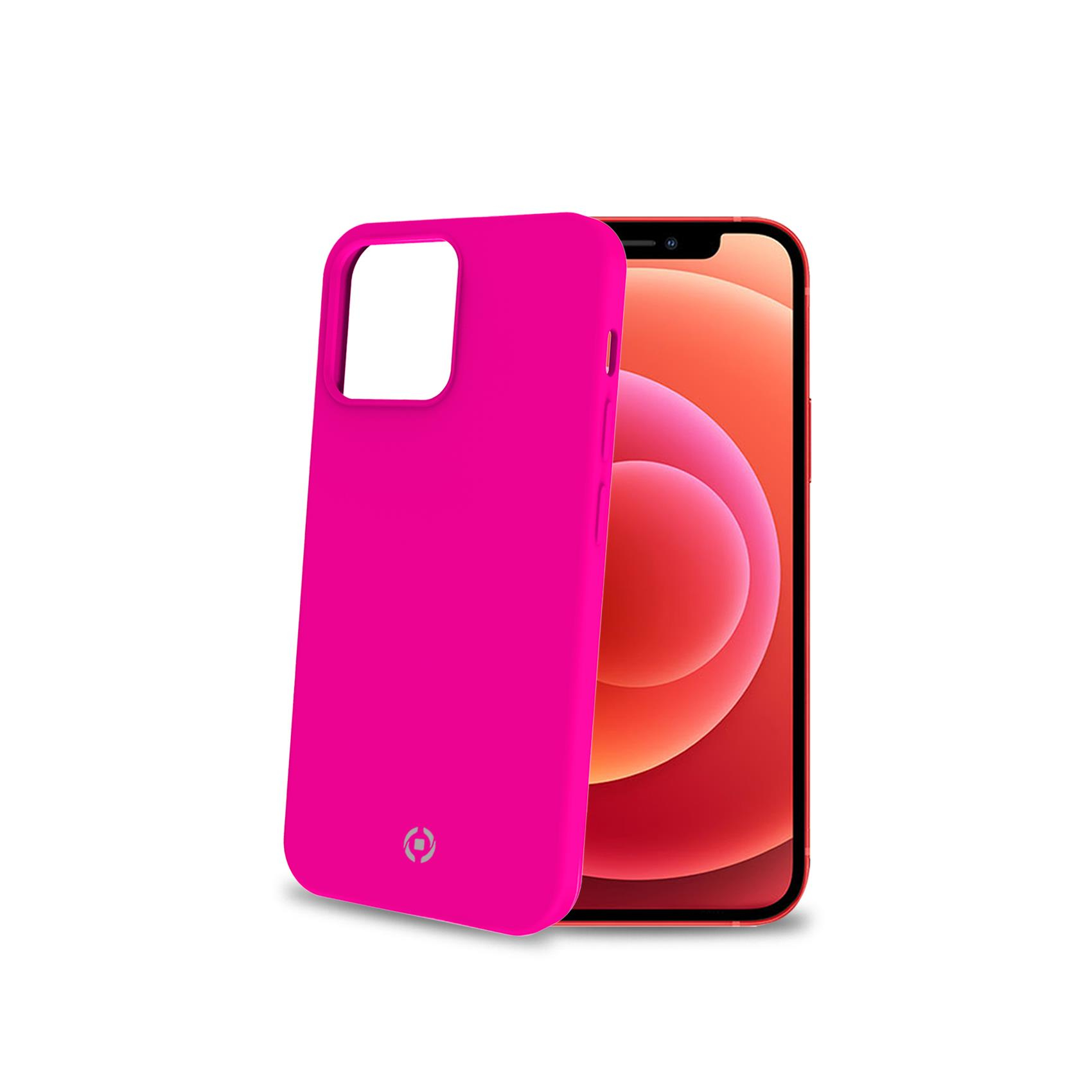 Custodia rosa accanto a un iPhone con schermo arancione, su una superficie bianca.