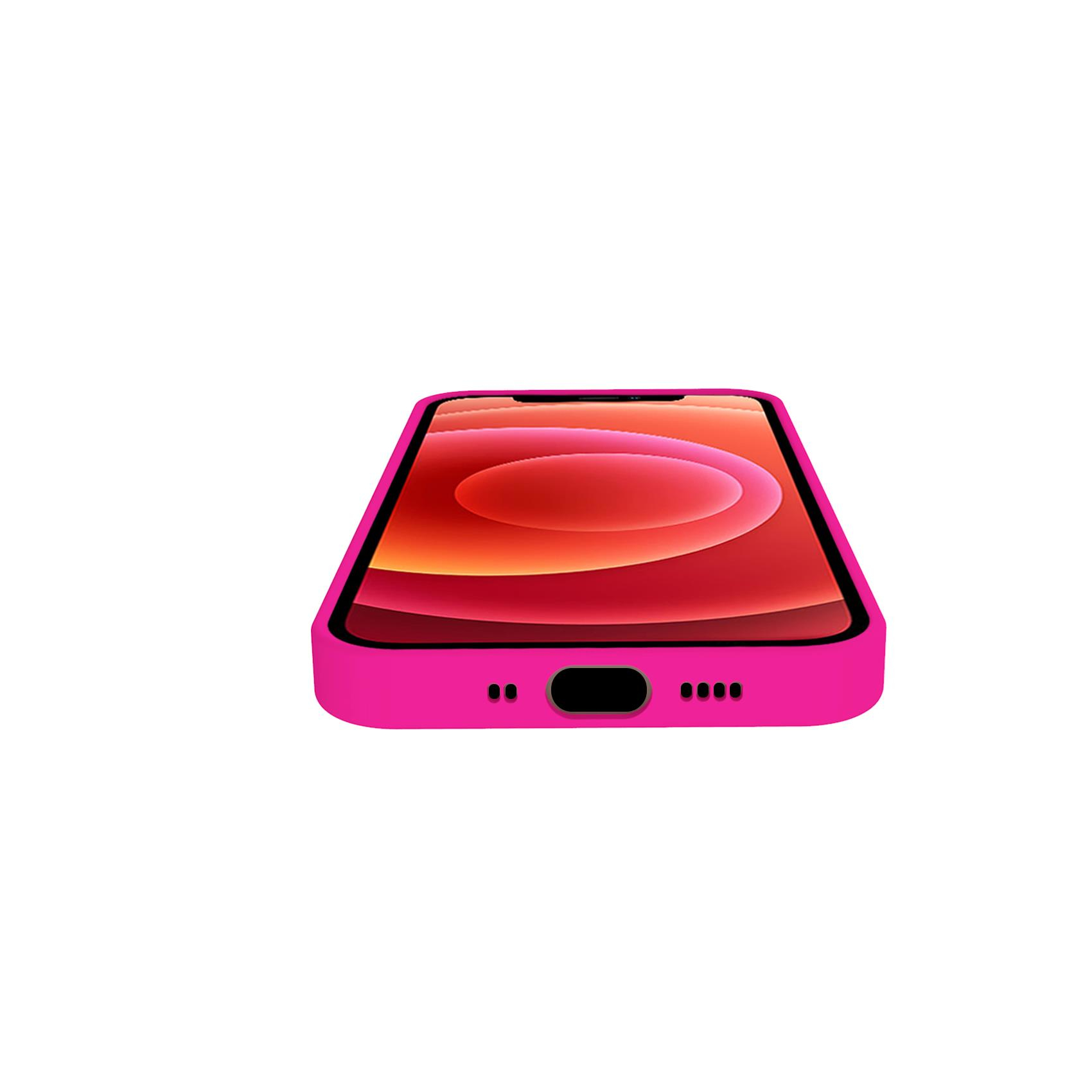 Una custodia per telefono rosa con schermo arancione e rosso su sfondo bianco.
