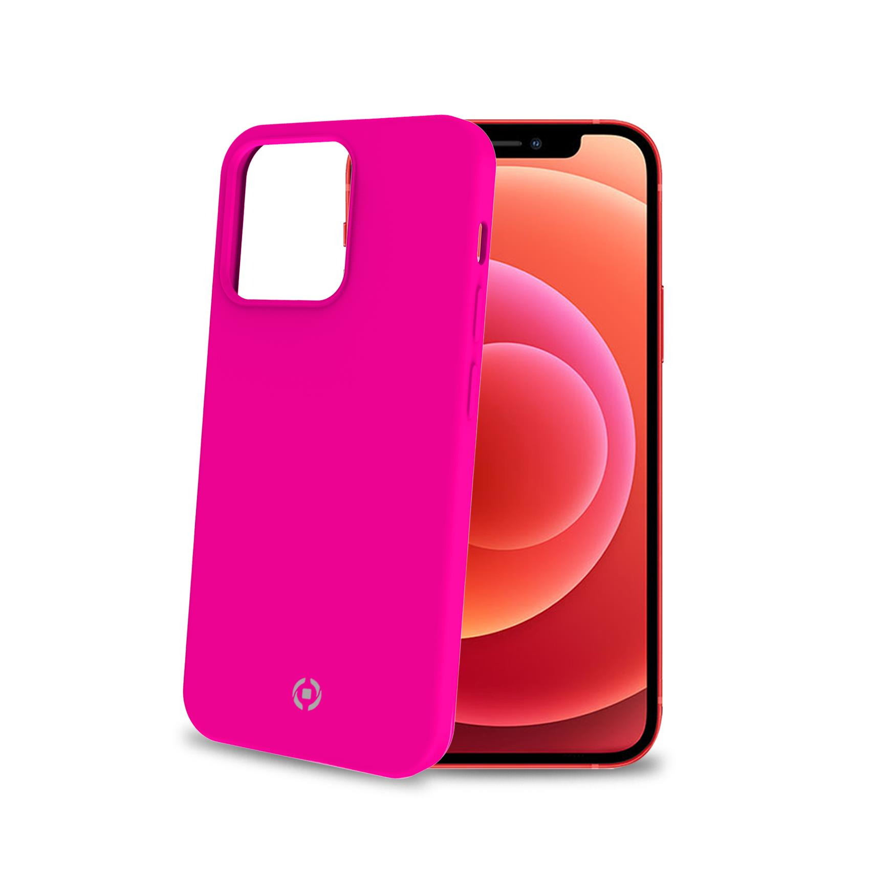 Custodia rosa e iPhone con schermo arancione, angolato su bianco. La custodia ha un logo.