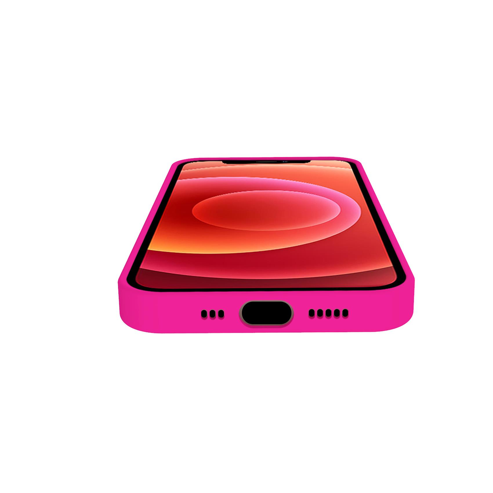 Una custodia per telefono rosa con schermo arancione e rosso su sfondo bianco.