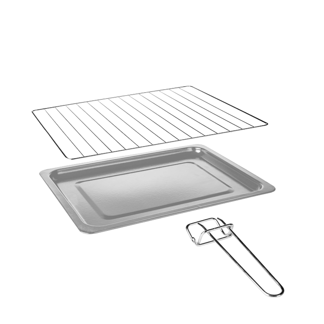 Akcesoria do piekarnika: ruszt, blacha do pieczenia i uchwyt, na białym tle.