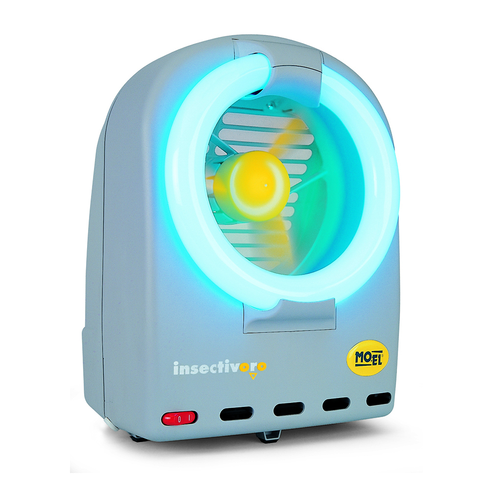 Ein grauer Insektenvernichter mit blauem Neonlichtring und gelbem Ventilator.