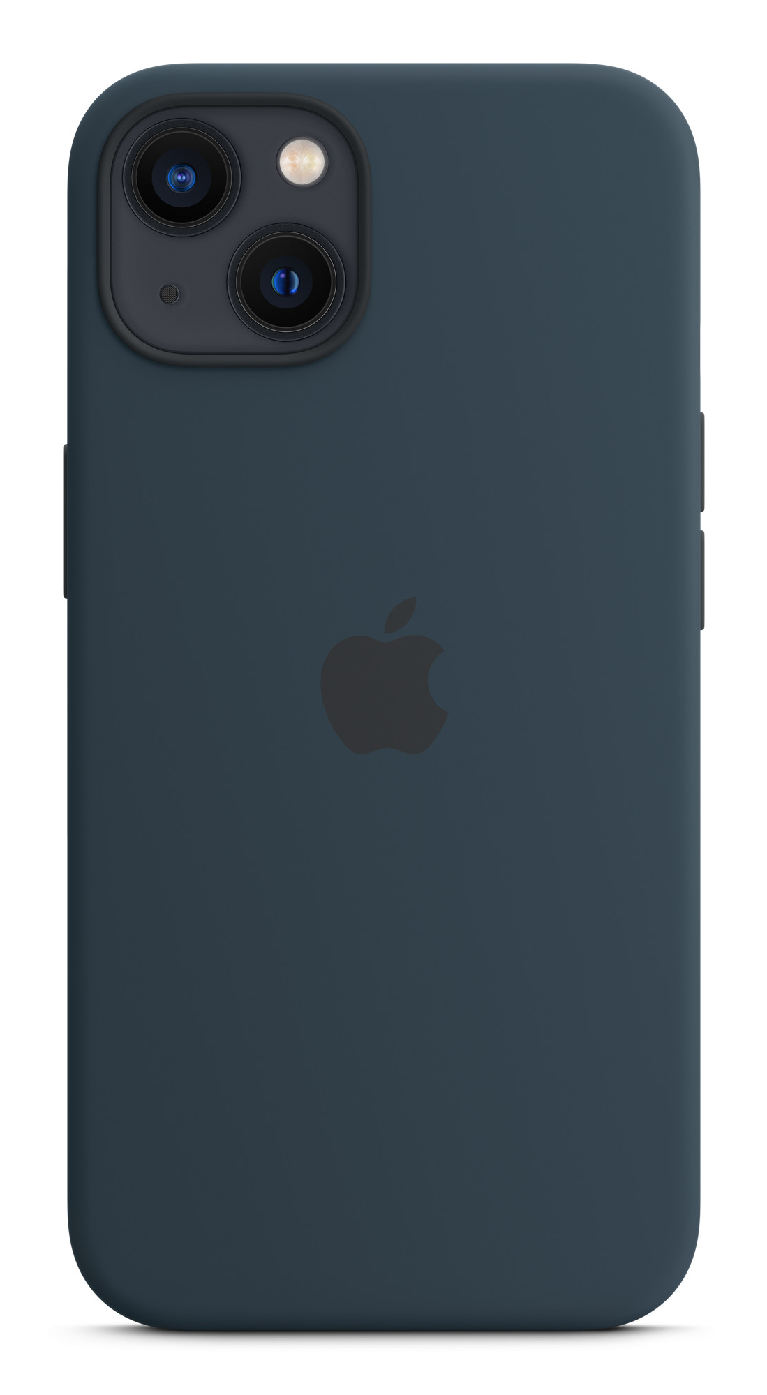 Een marineblauwe iPhone met een zwart Apple-logo op de achterkant.