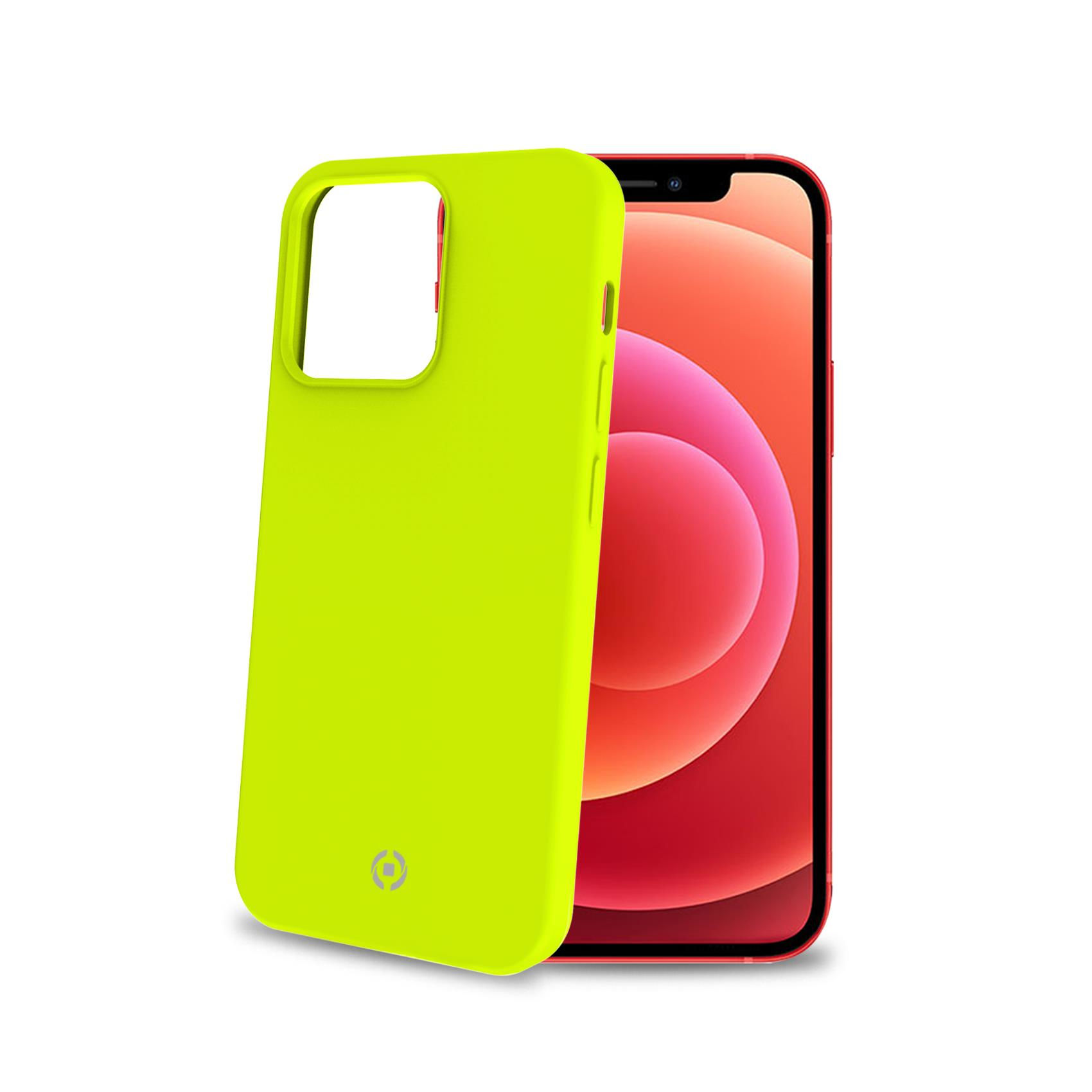 Una custodia per telefono verde neon con schermo del telefono rosso su sfondo bianco.