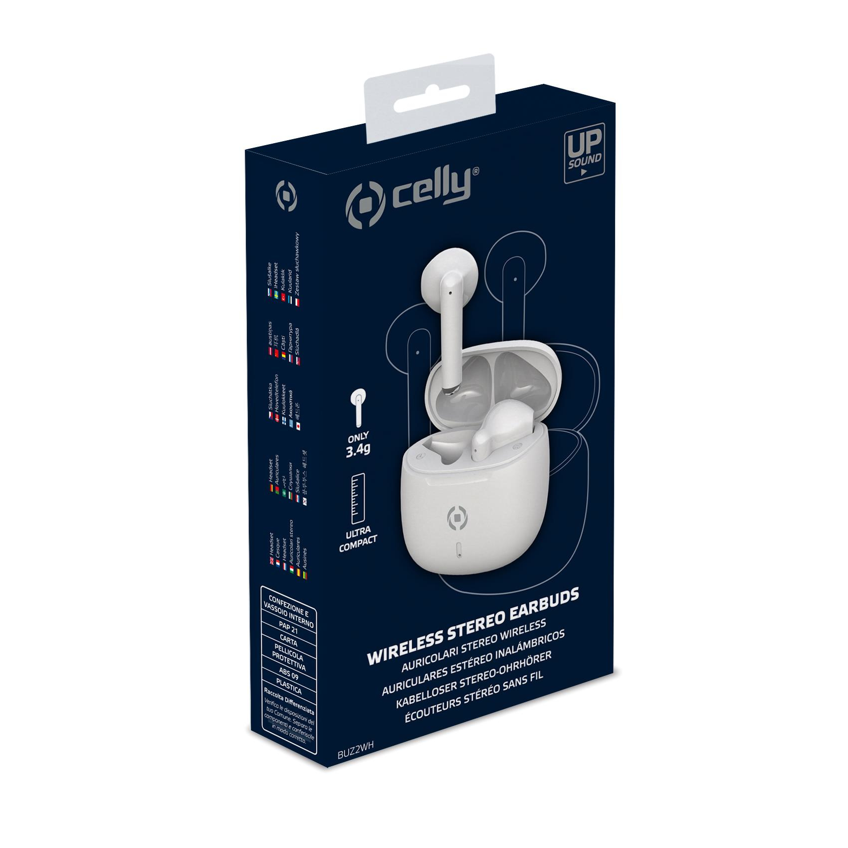 Eine weiße Celly-Box für kabellose Stereo-Ohrhörer. Die Box zeigt das Produkt und seine Eigenschaften.