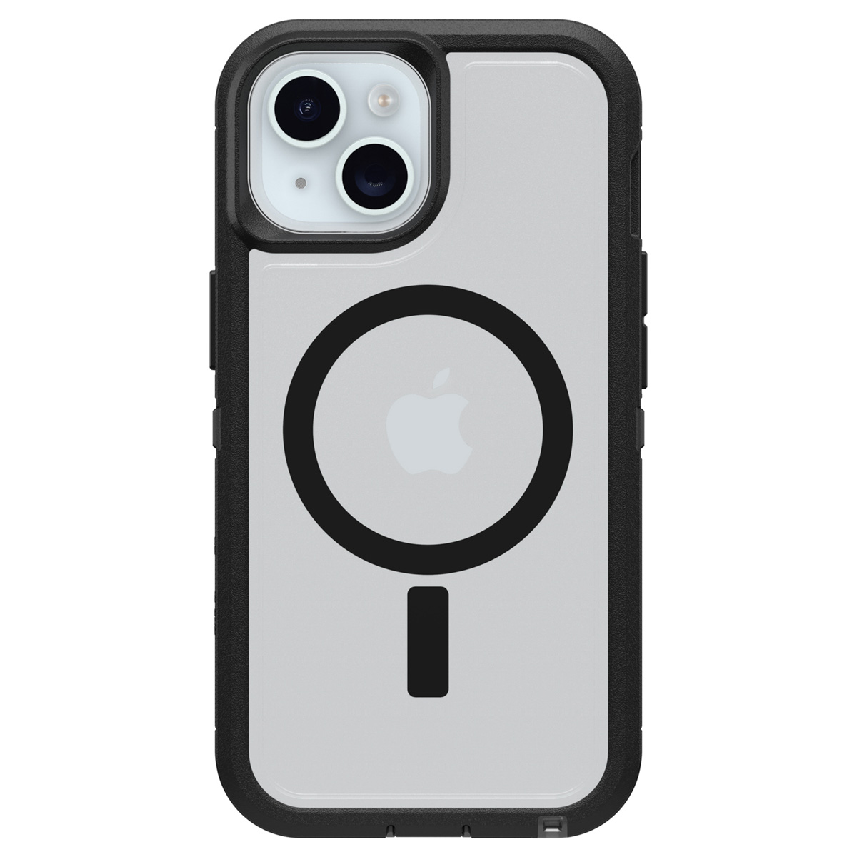 Transparante iPhone case met zwarte randen, een zwarte cirkel, en Apple logo.
