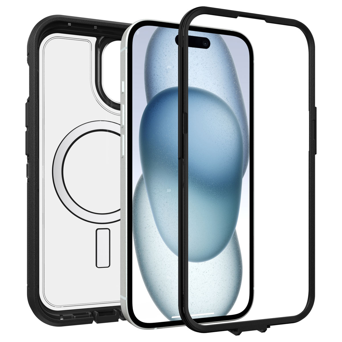 Transparante iPhone case met zwarte rand. De telefoon is lichtgroen, scherm zichtbaar.