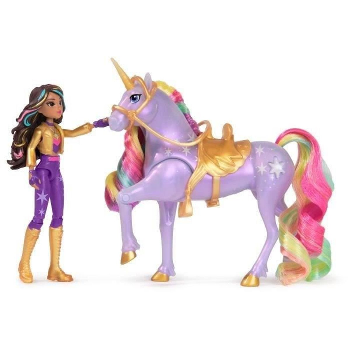 Unicornio de juguete con muñeca. Unicornio morado con melena arcoíris, muñeca al lado.