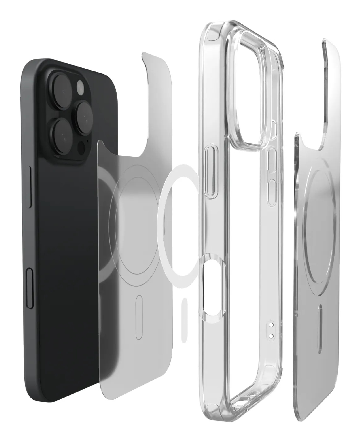 Componenti iPhone e custodia. Il telefono è nero, la custodia trasparente.
