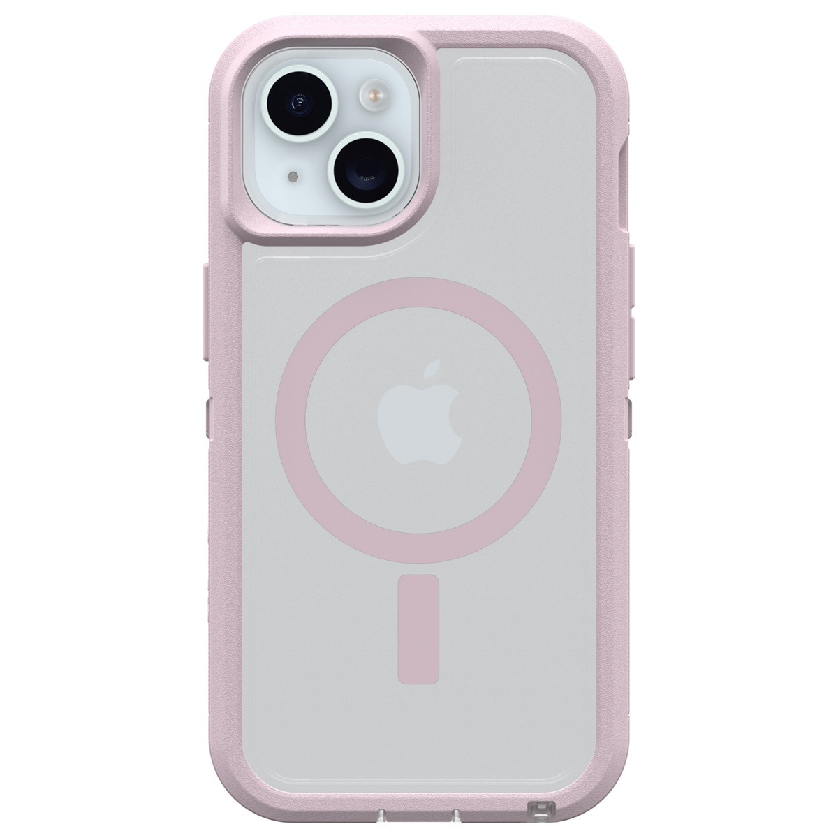 Rosa Handyhülle mit Kameraaussparungen und Apple-Logo. Transparente Rückseite. Weißer Hintergrund.