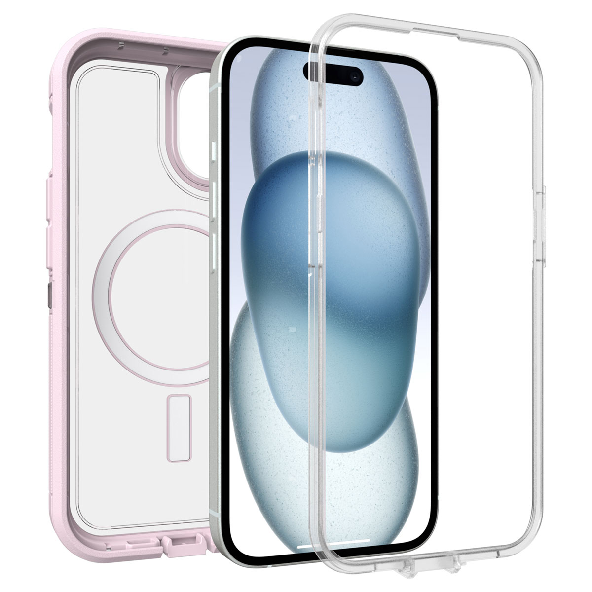 Rosa Handyhülle mit Telefon im Inneren. Transparente Außenschale. Weißer Hintergrund.