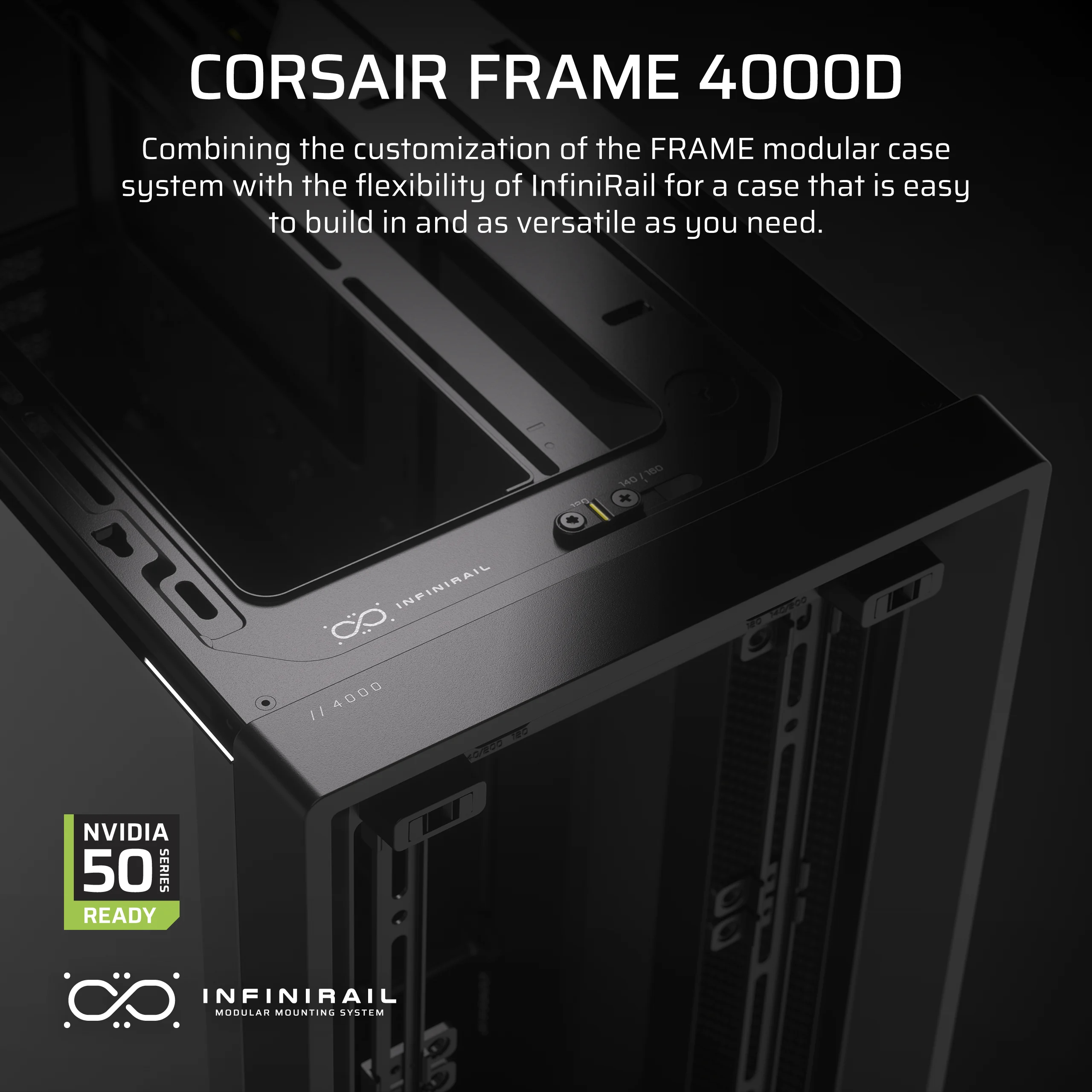 Czarna obudowa komputera Corsair Frame 4000D. Widoczny tekst: Corsair Frame 4000D.
