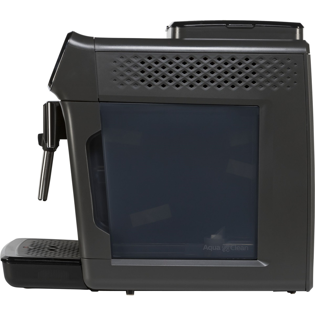 Czarny ekspres do kawy z pojemnikiem na wodę z boku. Ma ekran dotykowy i tackę ociekową.