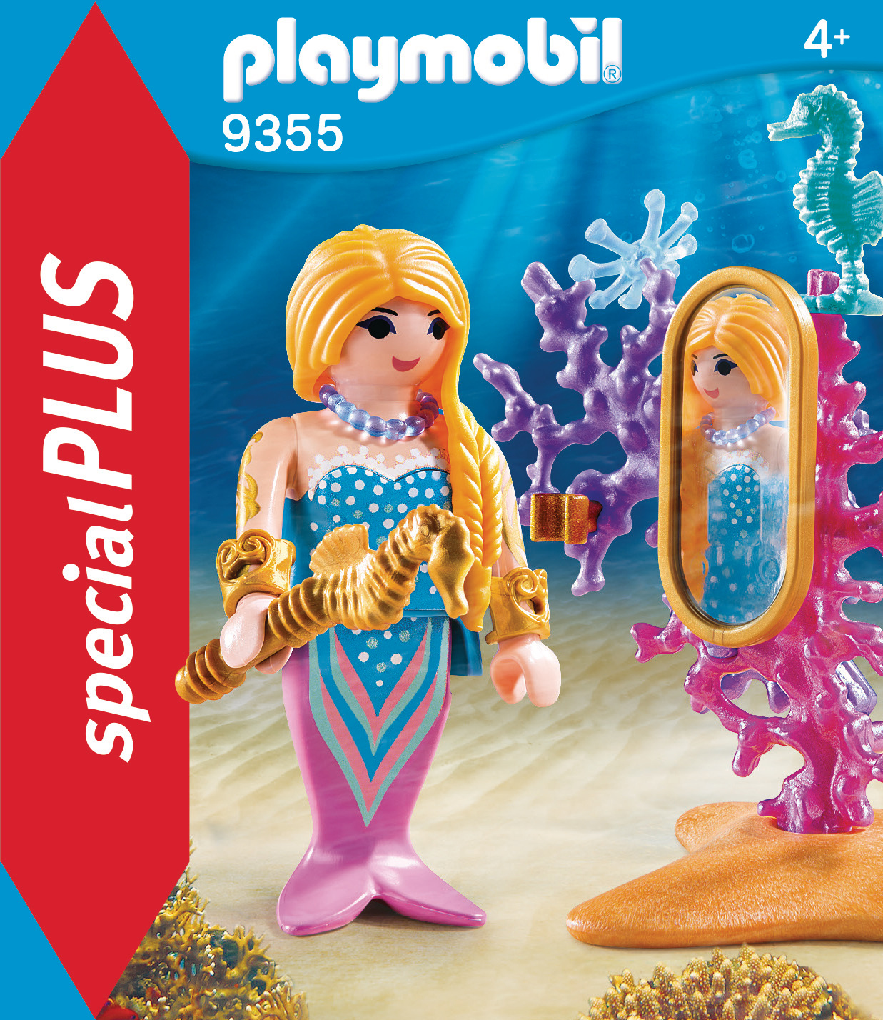 Figurka syreny przed lustrem. Syrena ma blond włosy i różowy ogon.