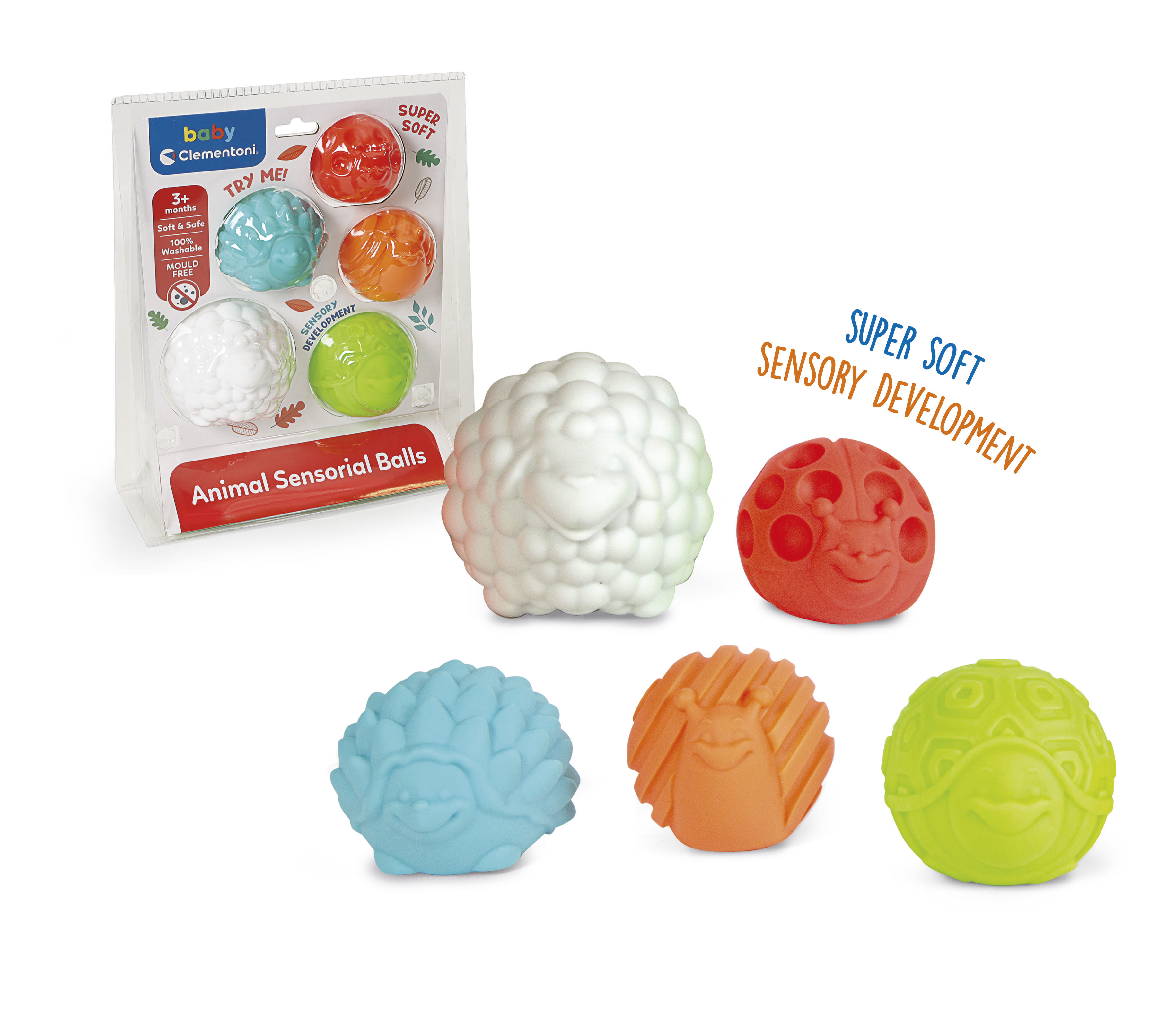 Baby Clementoni sensorische Bälle in einer Packung. Bälle sind weiß, grün, blau, orange und rot.