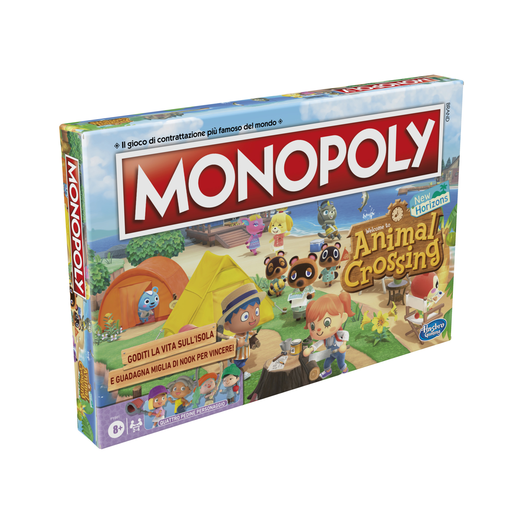 Pudełko gry Monopoly Animal Crossing. Pudełko przedstawia postacie z gry i jest w języku angielskim.