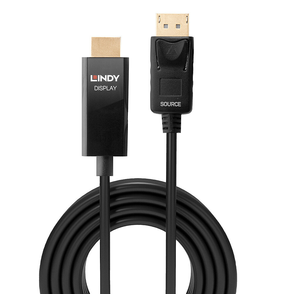 Cavo DisplayPort LINDY nero con connettori, arrotolato.