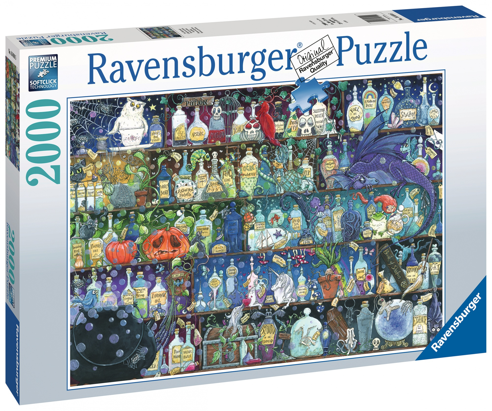 Pudełko z puzzlami Ravensburger z fantastyczną sceną sklepu z miksturami.