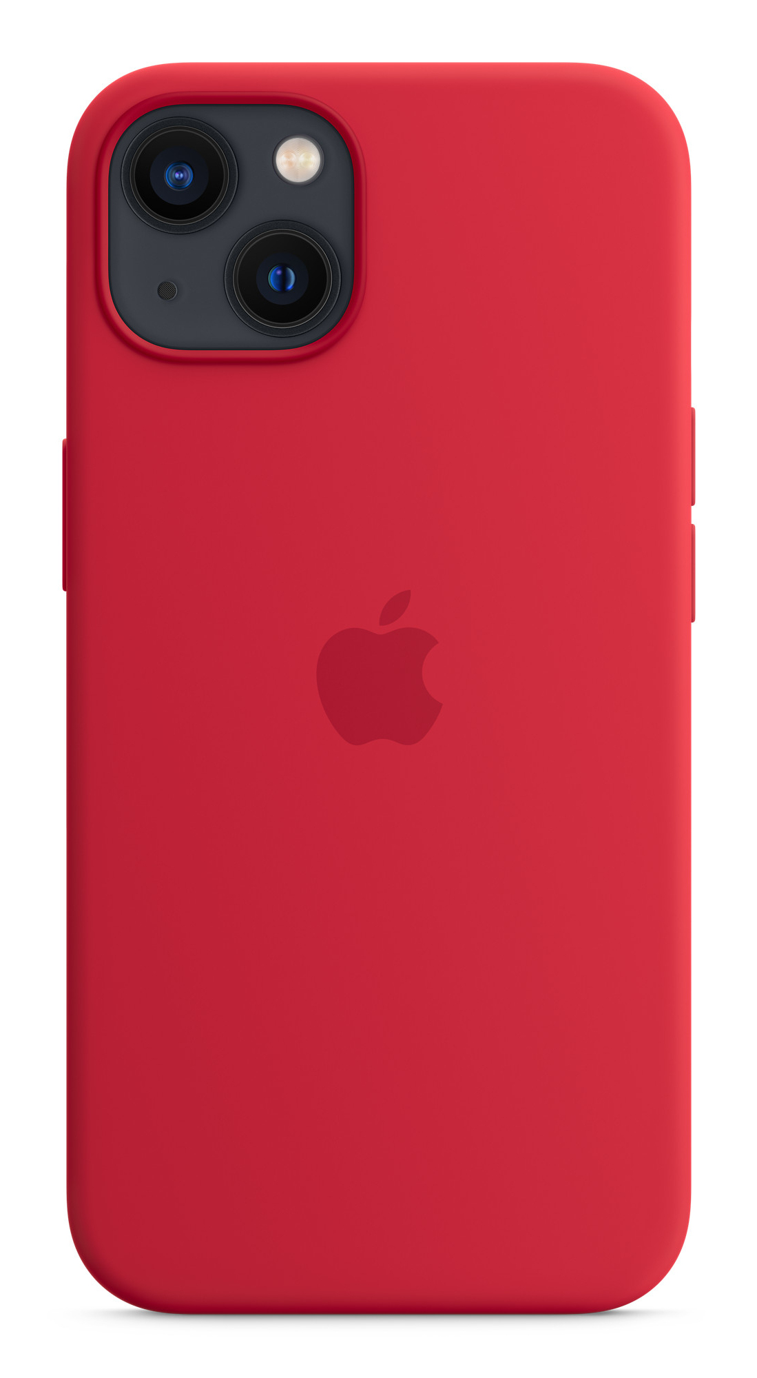 Custodia rossa per telefono con logo Apple e fotocamera. Sfondo bianco.