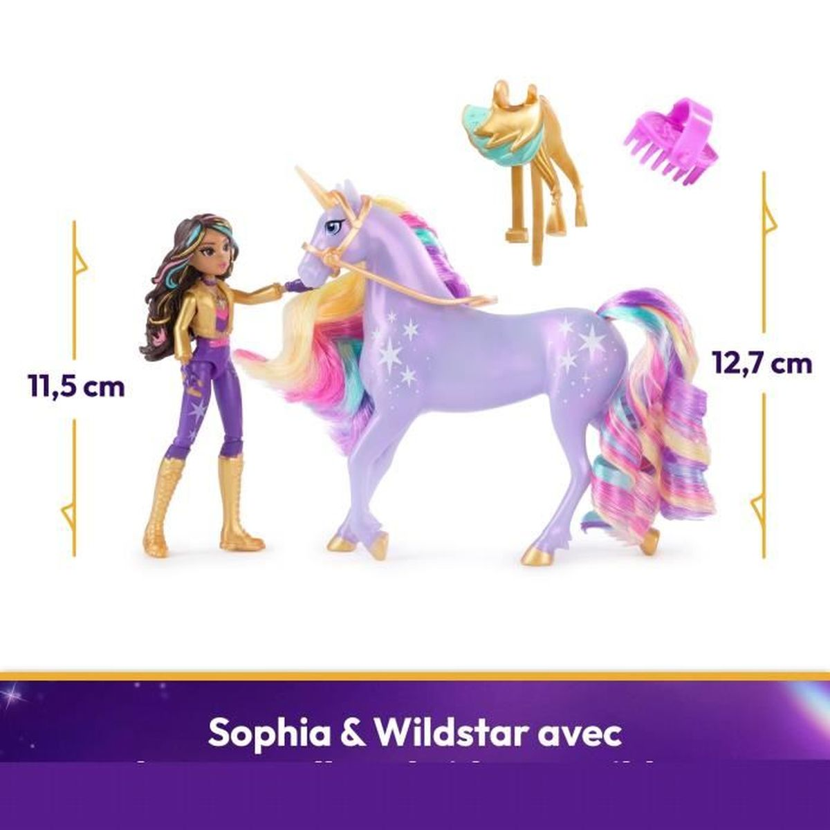 Juego de juguetes: muñeca Sofía, unicornio morado, cabeza de caballo dorada y pinza para el pelo. Texto: Sophia & Wildstar avec.