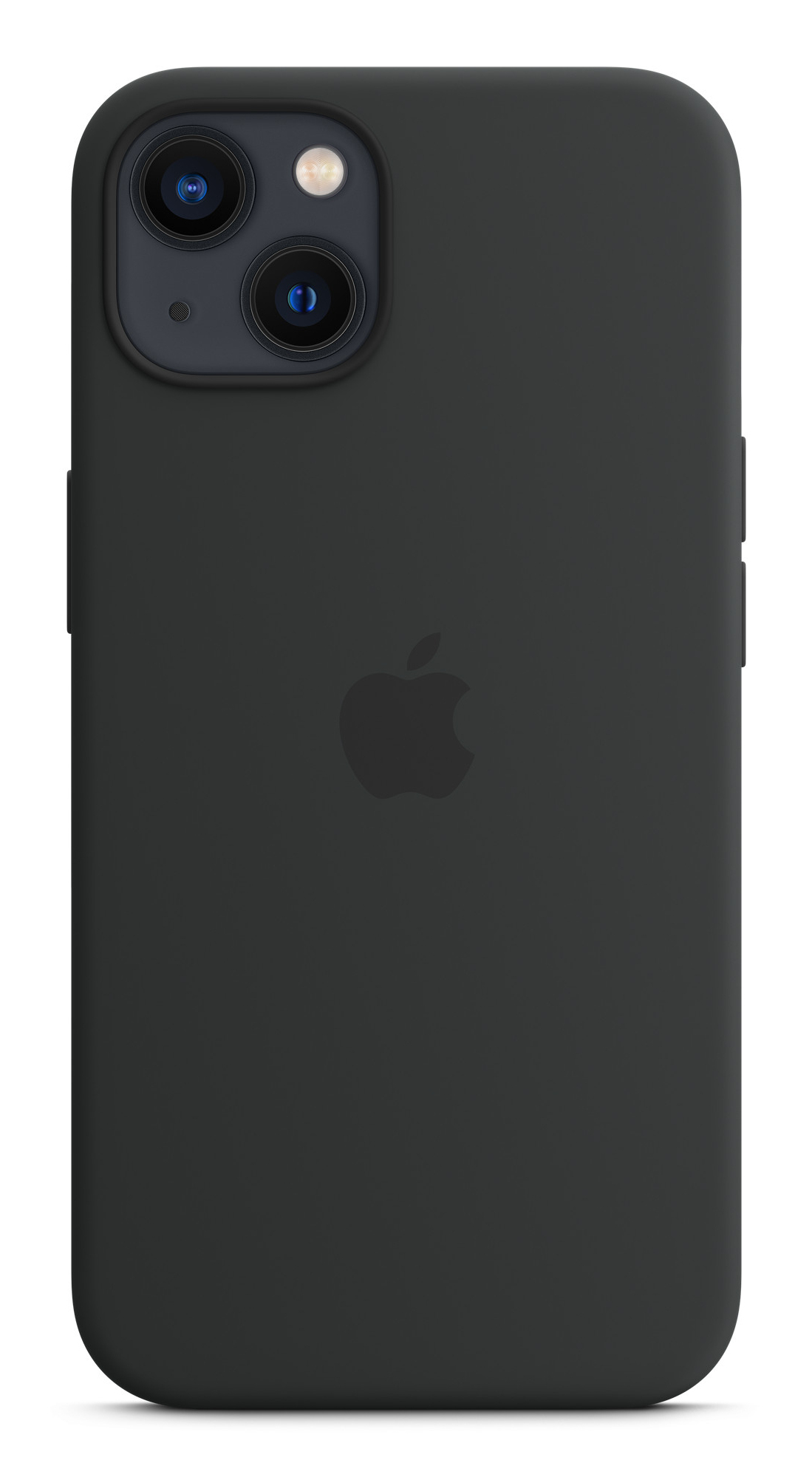 Custodia nera per telefono con logo Apple e fotocamera. Sfondo bianco.