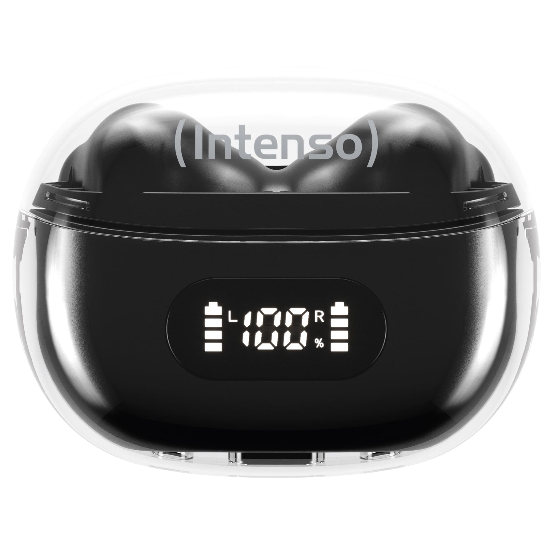 Czarne słuchawki w przezroczystym etui, pokazujące 100% naładowania baterii.