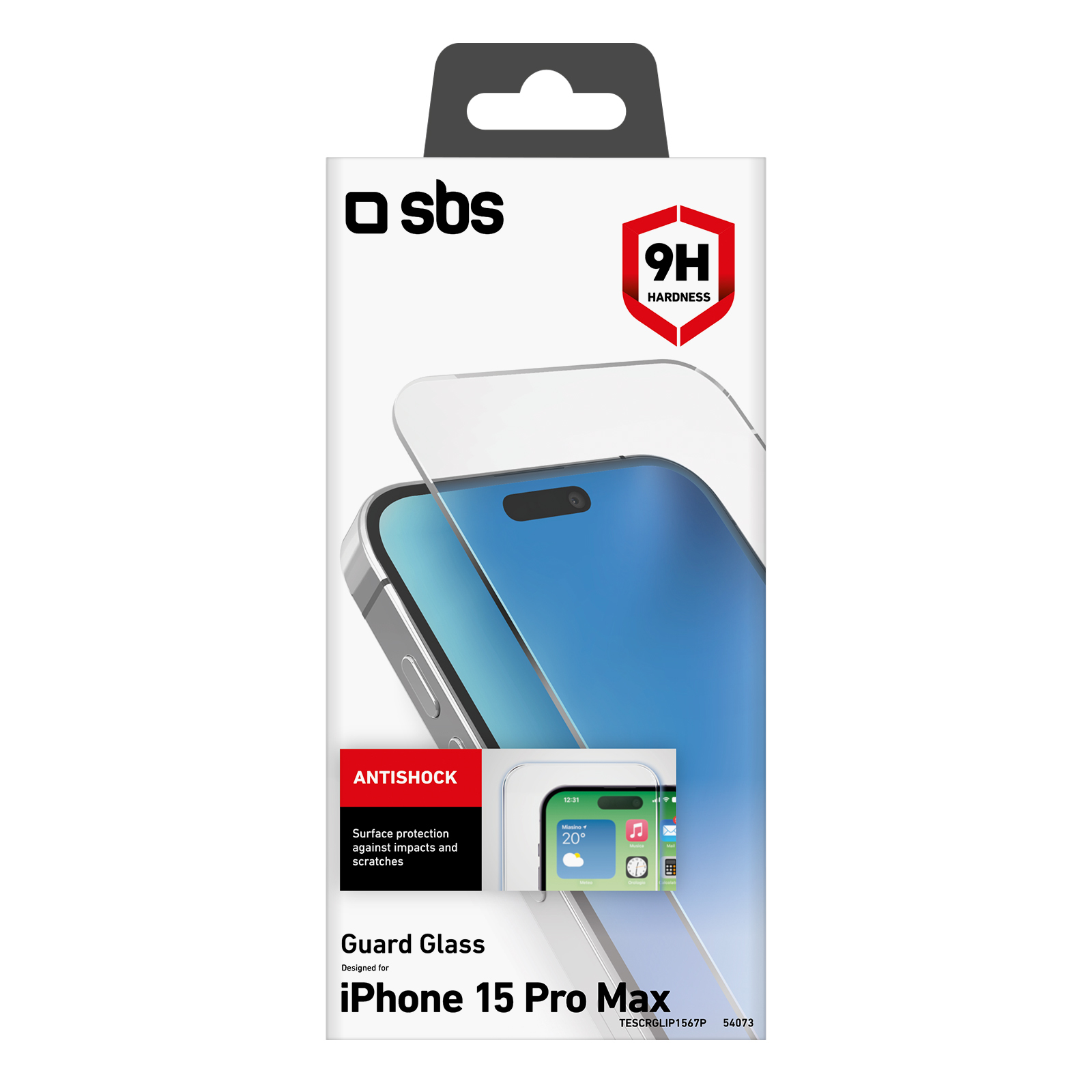 Biało-czarne pudełko ochraniacza ekranu do iPhone 15 Pro Max. Opakowanie ma logo.