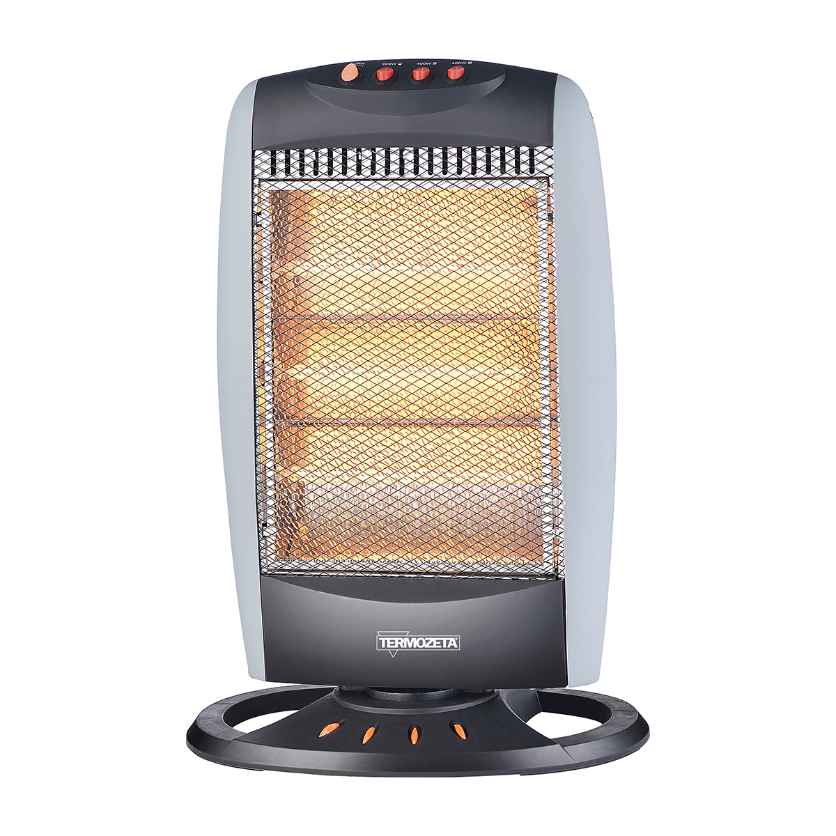 Szary i czarny grzejnik elektryczny Termozeta z trzema ustawieniami ciepła.