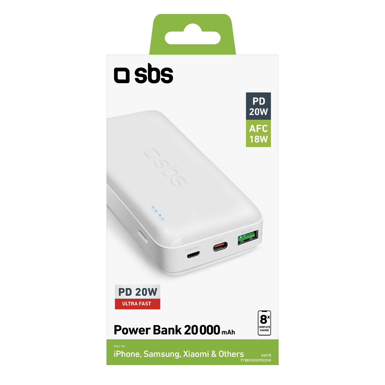 Biały power bank z biało-zielonym pudełkiem na górze. Na opakowaniu napis PD 20W.