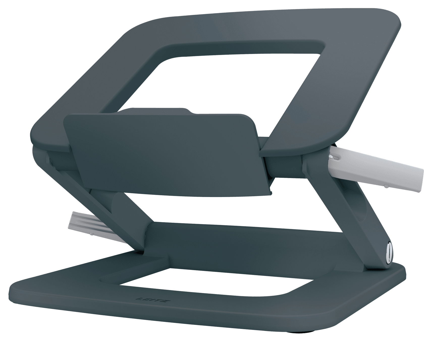 Dunkelgrauer Laptop-Ständer, verstellbar mit schrägem Design auf weißem Hintergrund.