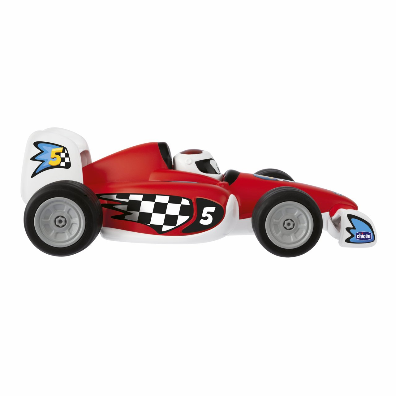 Ein rotes Spielzeug-Rennauto mit der Nummer 5 und einem karierten Muster an der Seite.