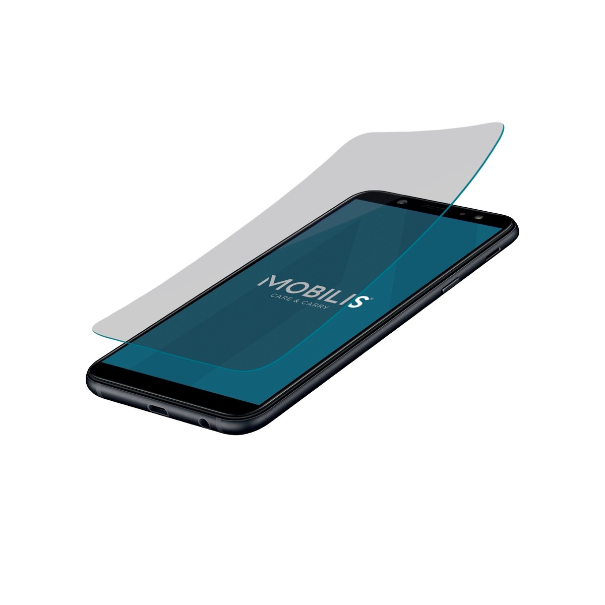Smartphone nero con una protezione schermo che si stacca. Sfondo bianco.