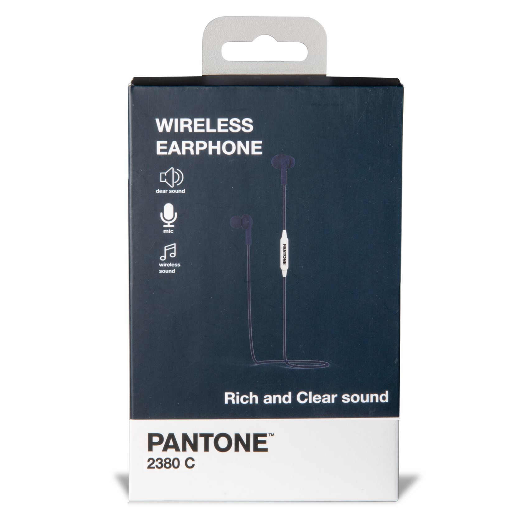 Doos met Pantone draadloze oortelefoons, met een afbeelding van de oortelefoons. Witte achtergrond.