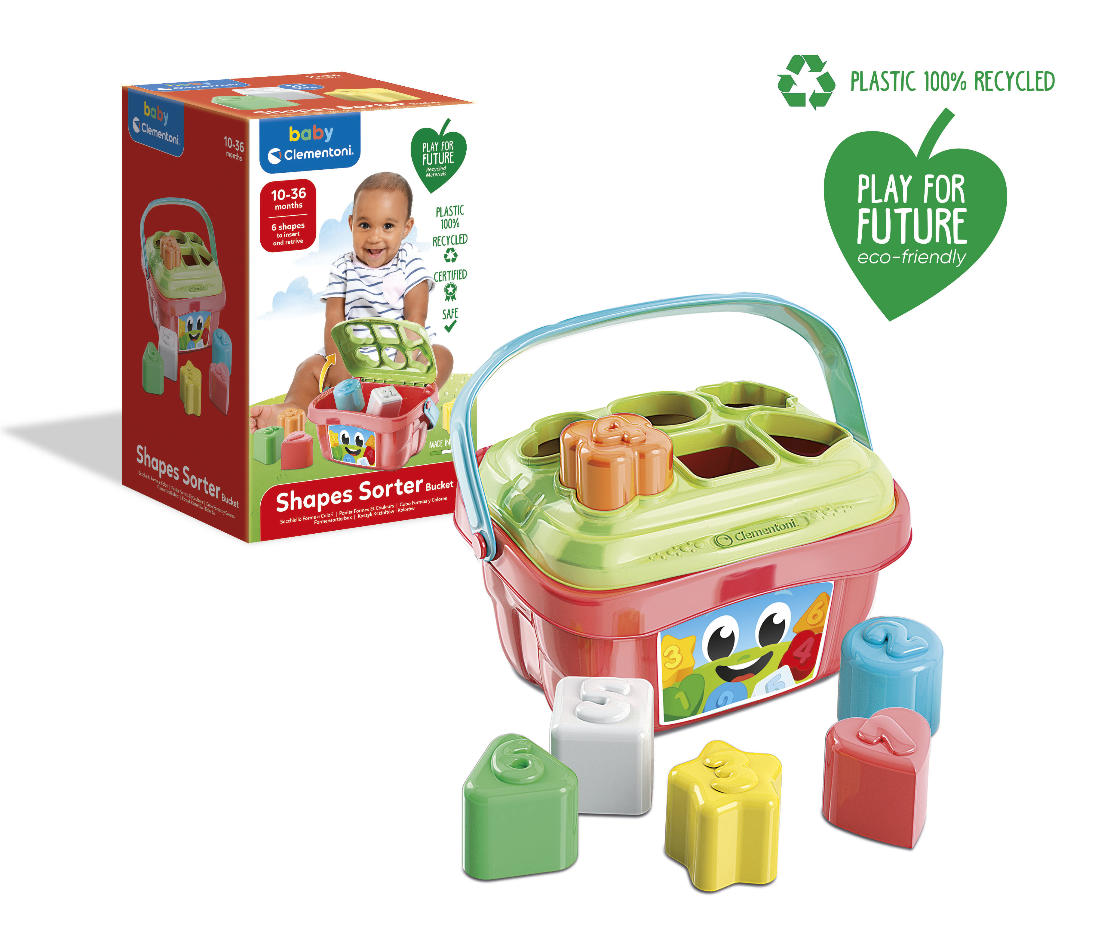 Zabawka Baby Clementoni Shapes Sorter z kształtami i pudełkiem. Białe tło.