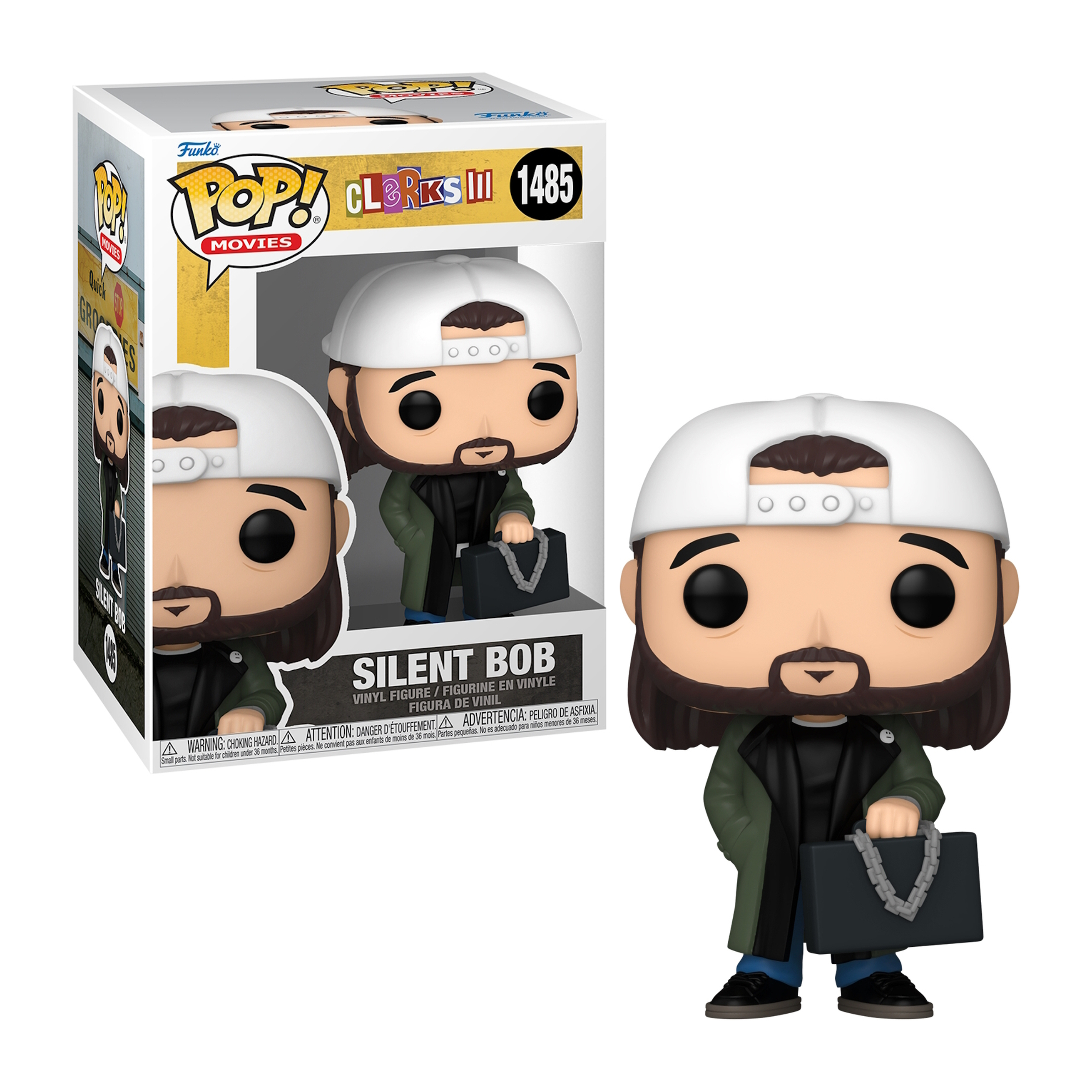Figura di Silent Bob Funko Pop in scatola, con una borsa. Sfondo bianco.