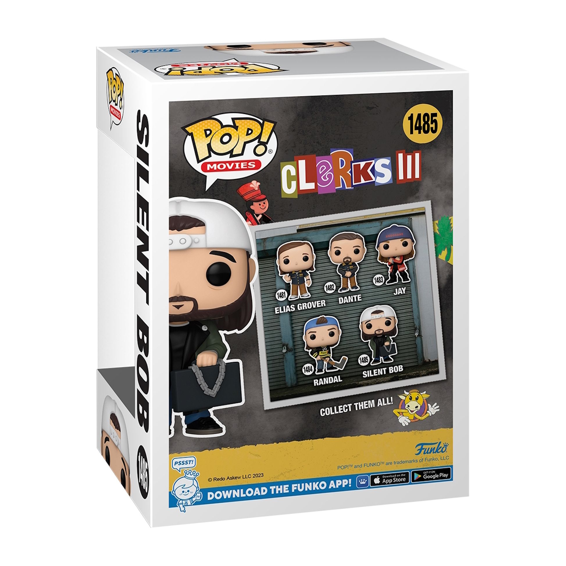 Scatola Pop! Movies Clerks III. Presenta Silent Bob sul lato e i personaggi di Clerks III sul retro.