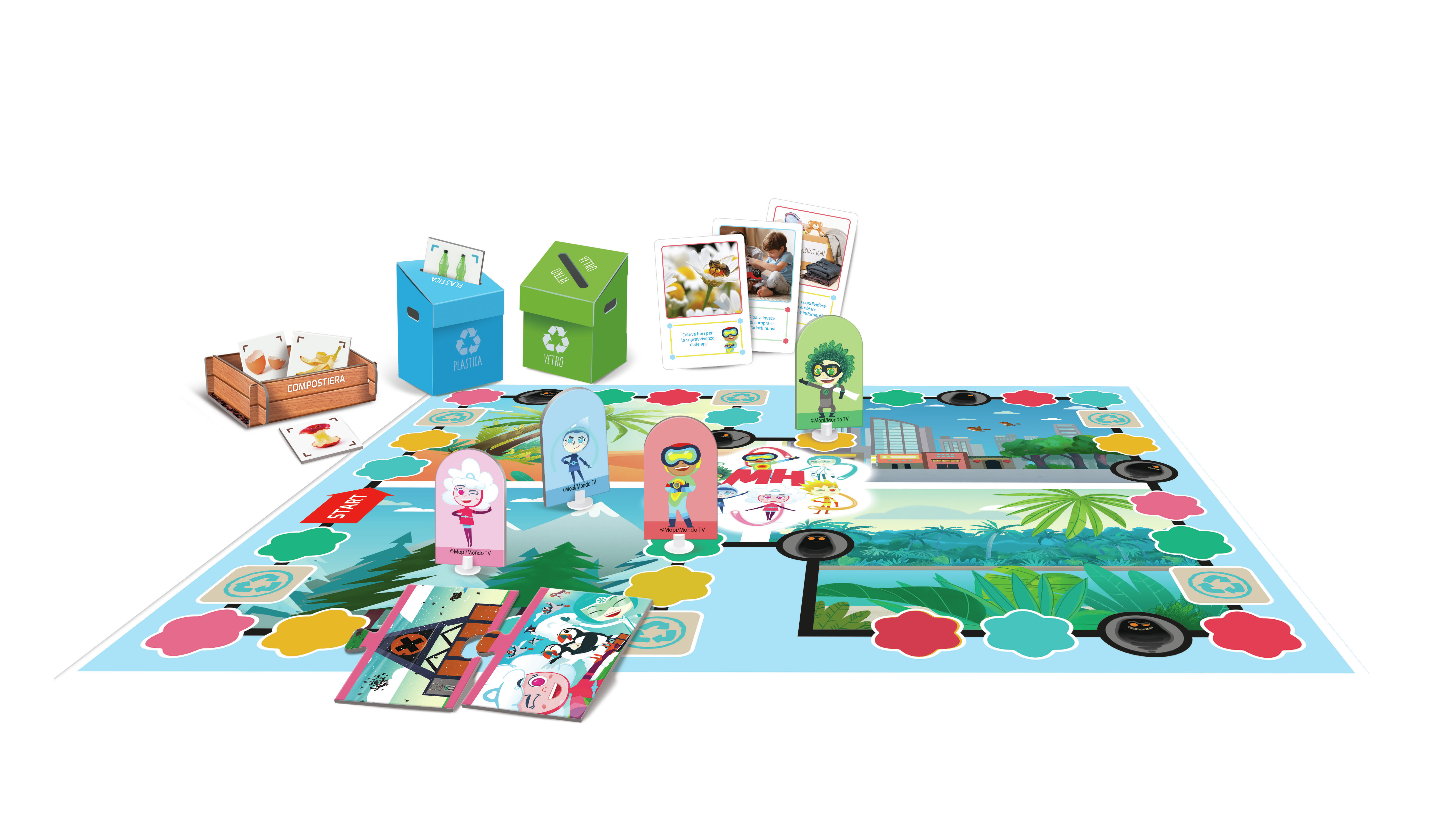 Brettspiel mit Spielsteinen und Karten, Recycling-Thema. Weißer Hintergrund.