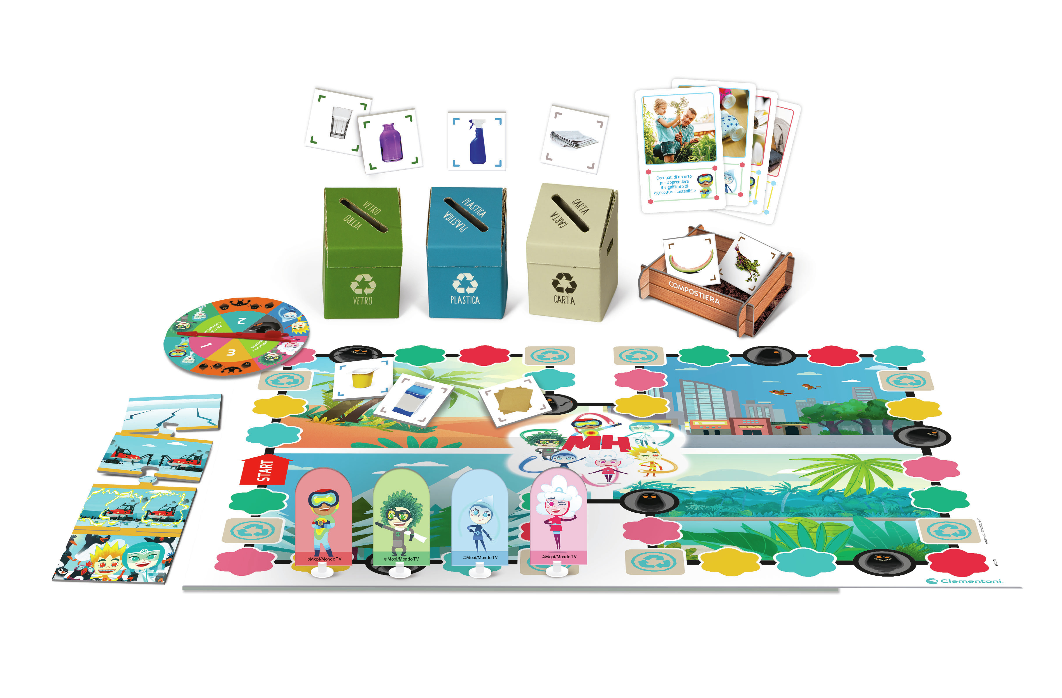 Brettspiel mit Recycling-Thema. Enthält Spielbrett, Karten und Recyclingbehälter in verschiedenen Farben.