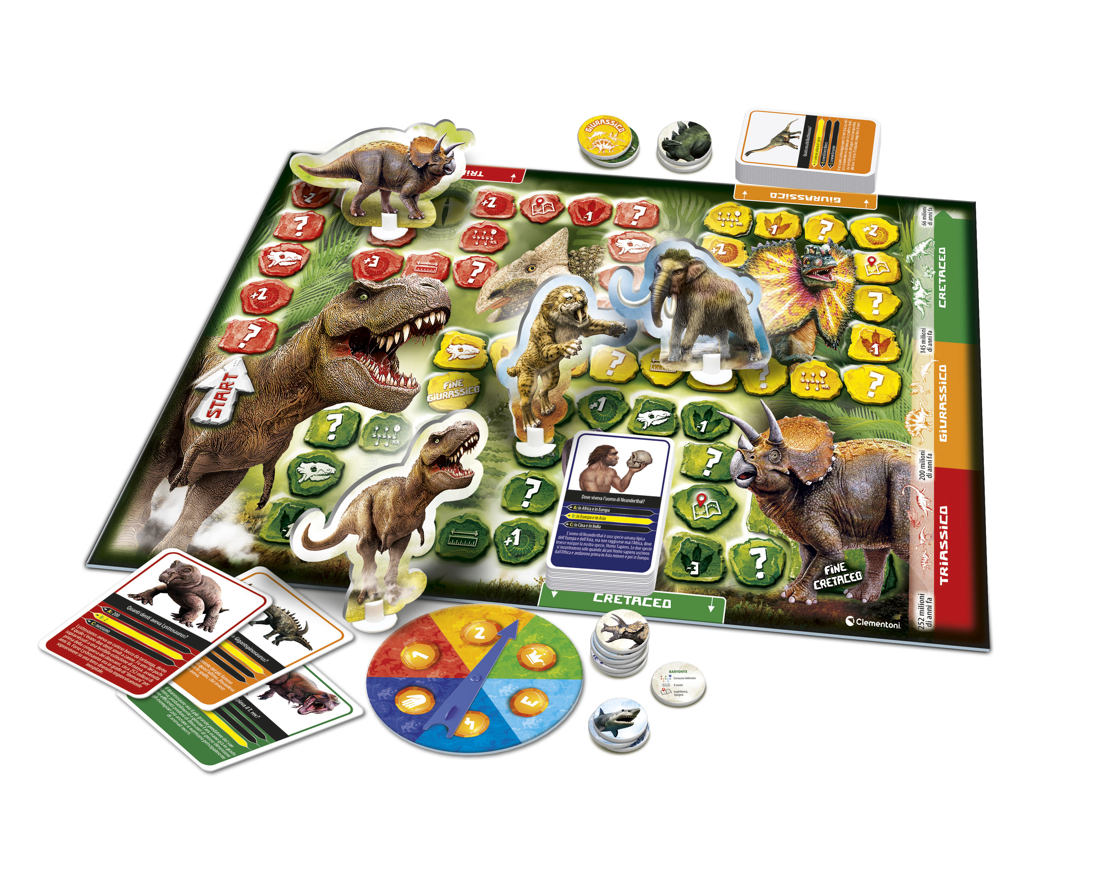 Dinosaurier-Brettspiel mit Spielsteinen und Karten auf weißem Hintergrund.