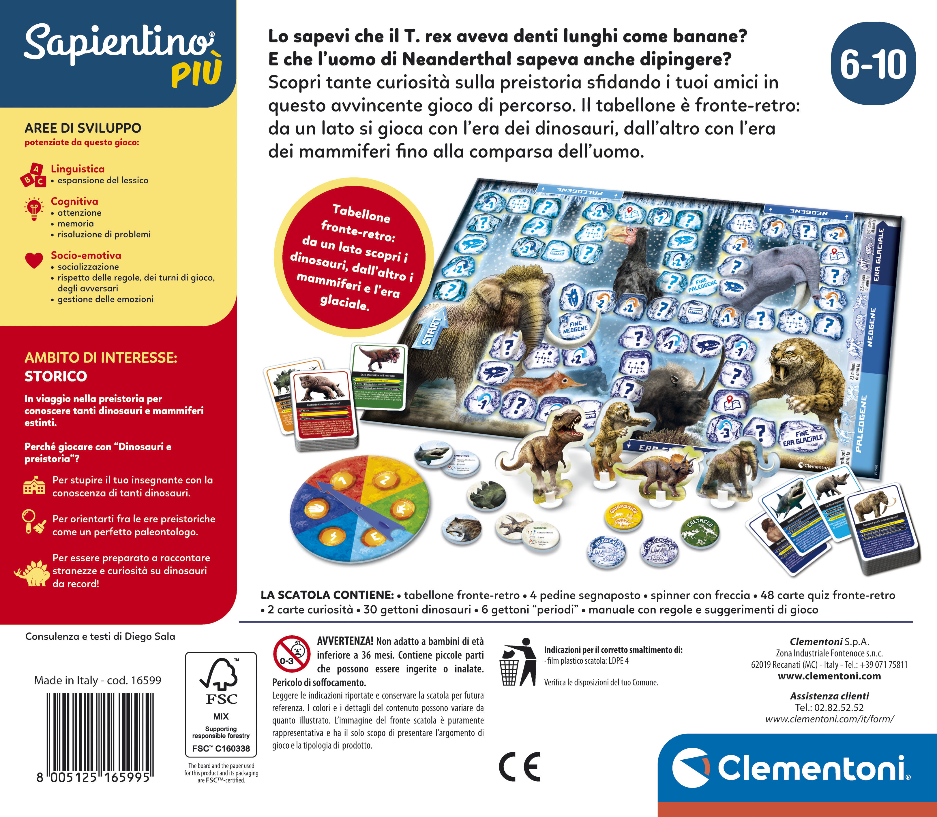 Brettspielbox mit Dinosaurier-Thema und Bildungsinhalten. Enthält ein Spielbrett und verschiedene Komponenten.