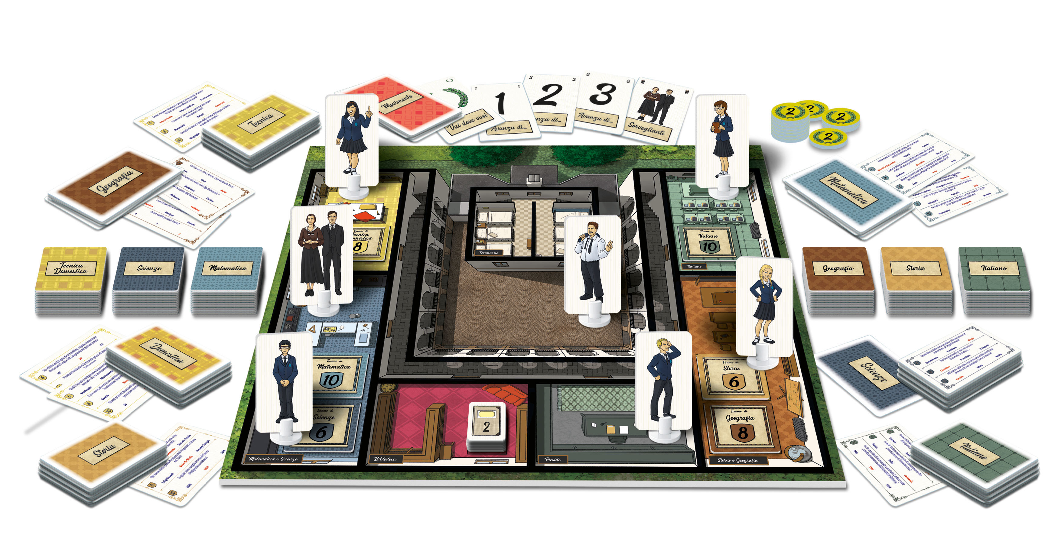 Brettspiel mit Schulthema. Enthält Spielbrett, Karten und Spielsteine.