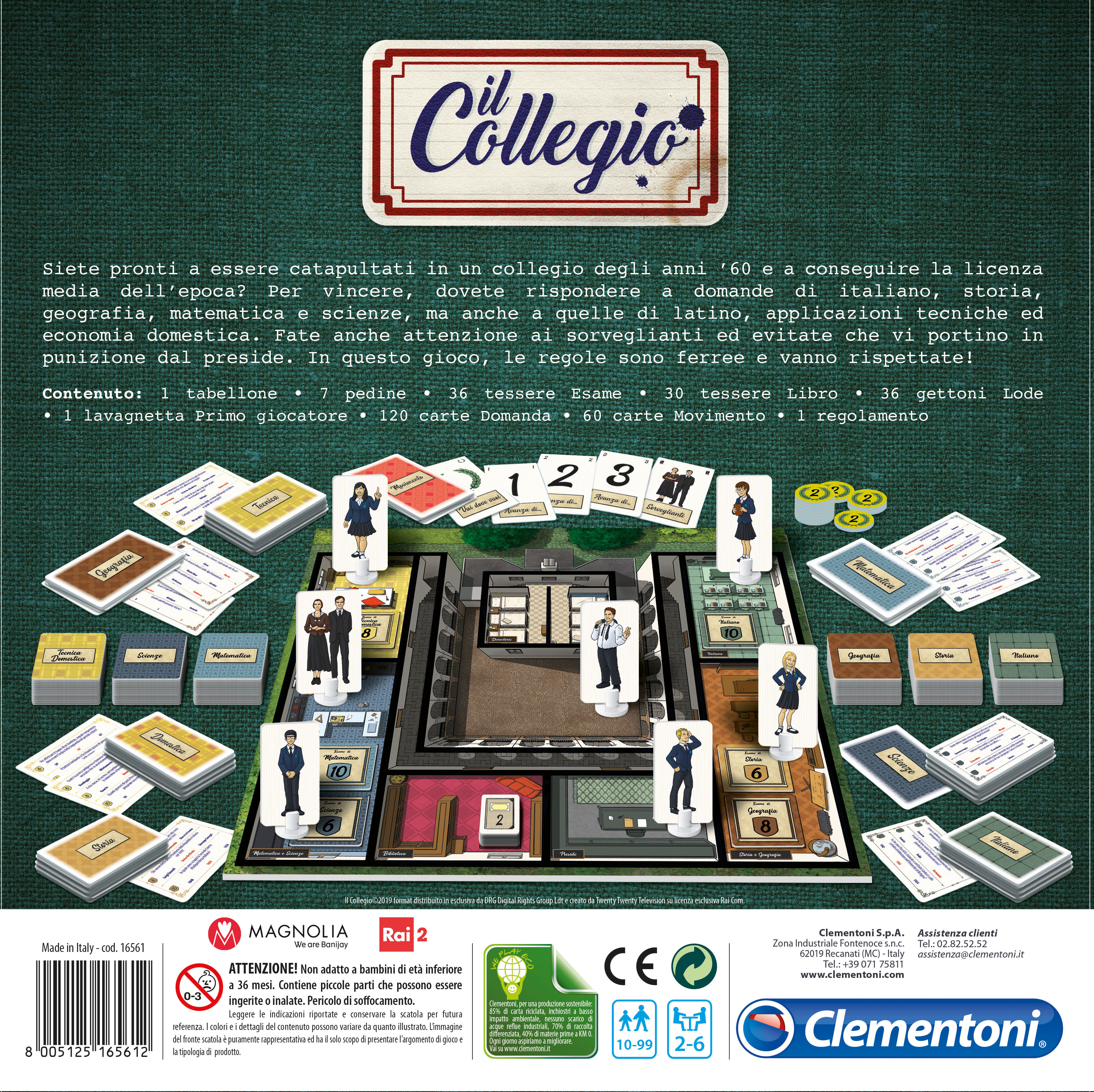Brettspielbox von "Il Collegio". Das Spielbrett und die Teile sind in der Box sichtbar.