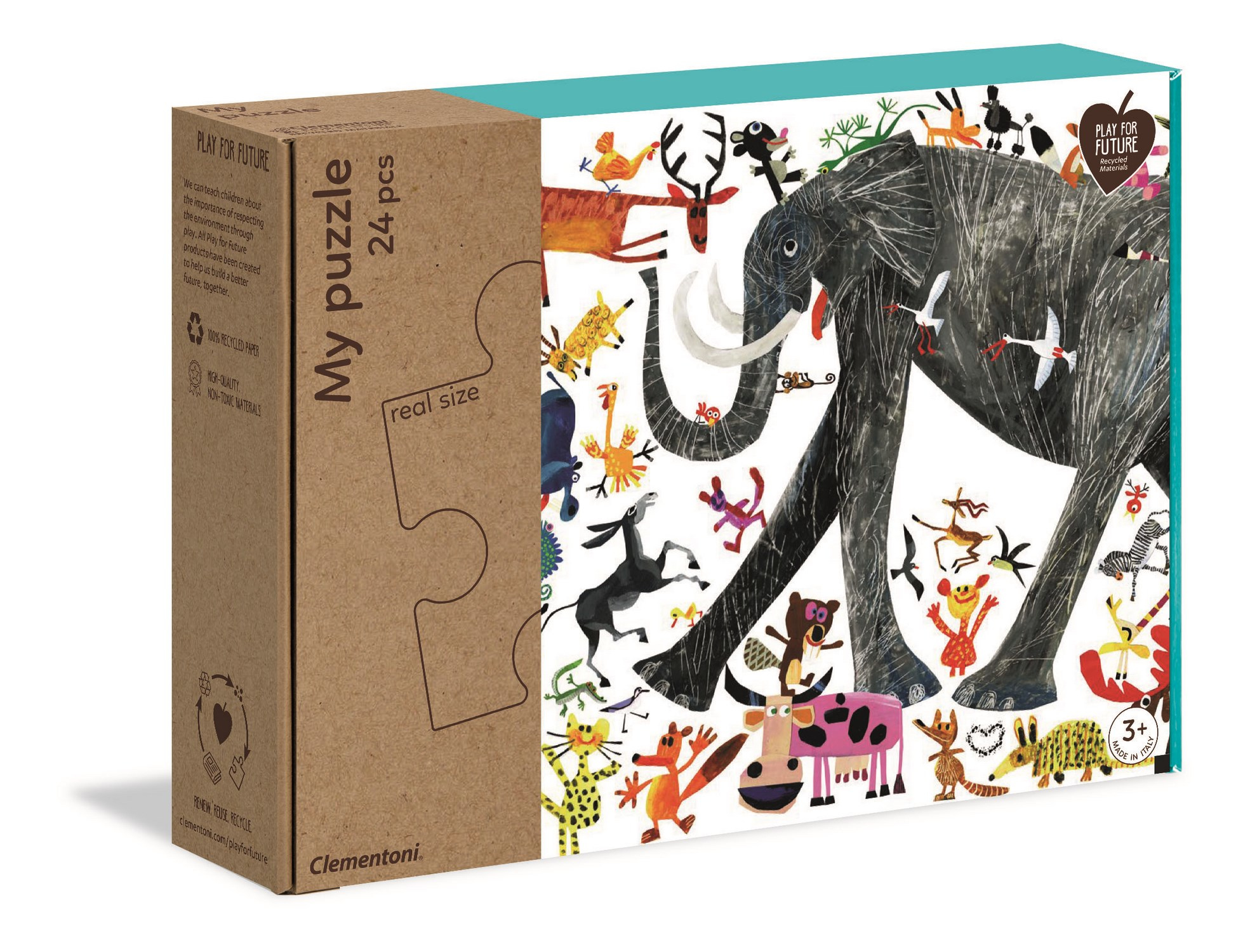 Scatola puzzle con un elefante e altri animali. Il puzzle è un puzzle da 24 pezzi.