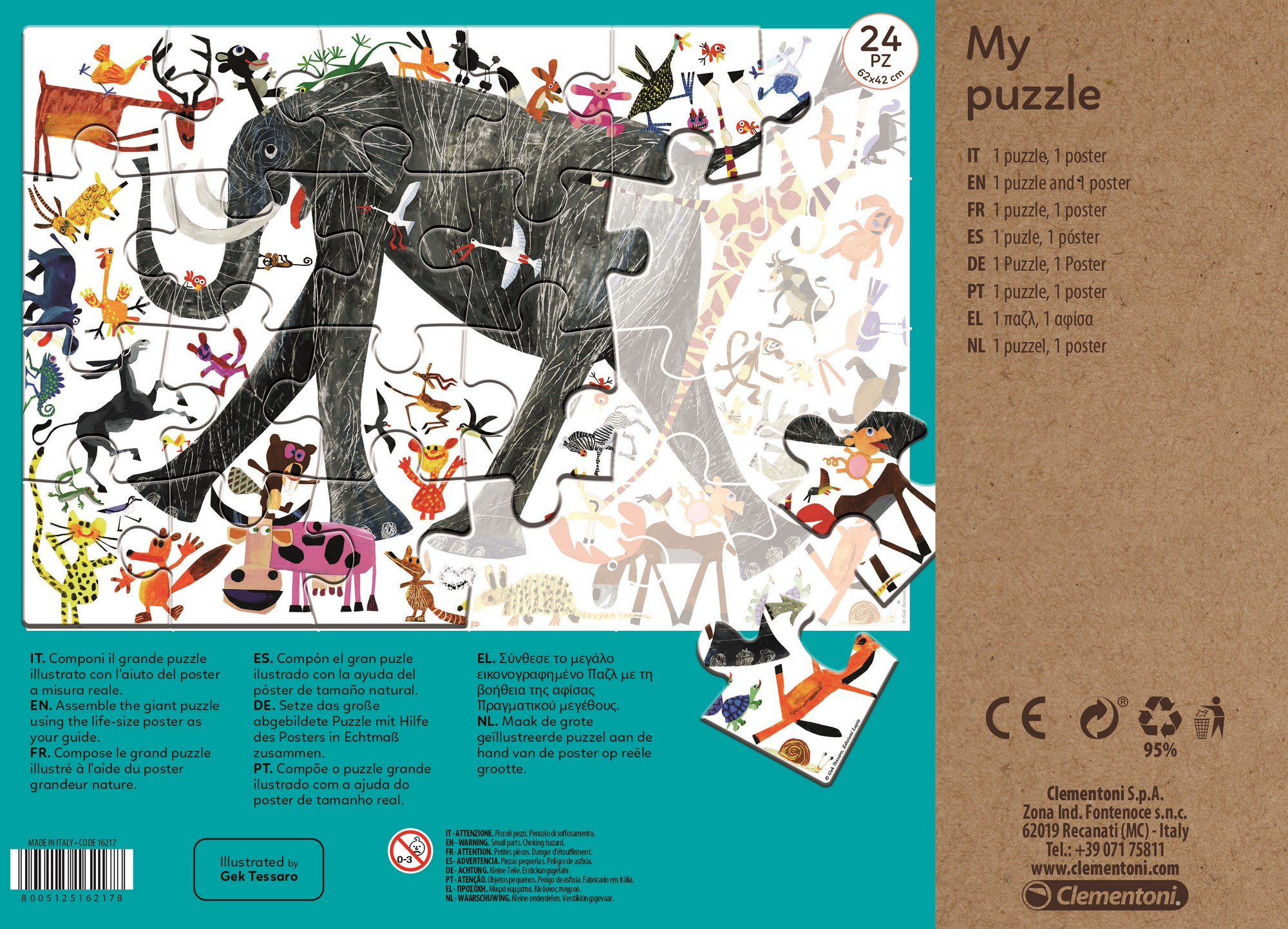 Scatola puzzle con un elefante e altri animali. Il puzzle è un puzzle da 24 pezzi.