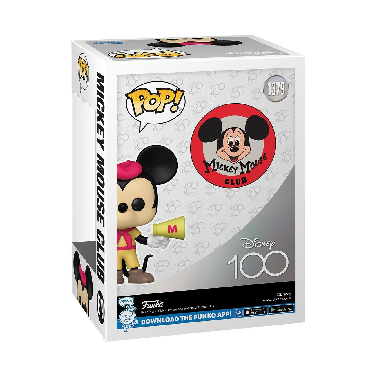 Una scatola Funko Pop per una figura del Mickey Mouse Club. Con Topolino, il logo Disney 100 e l'artwork della scatola.